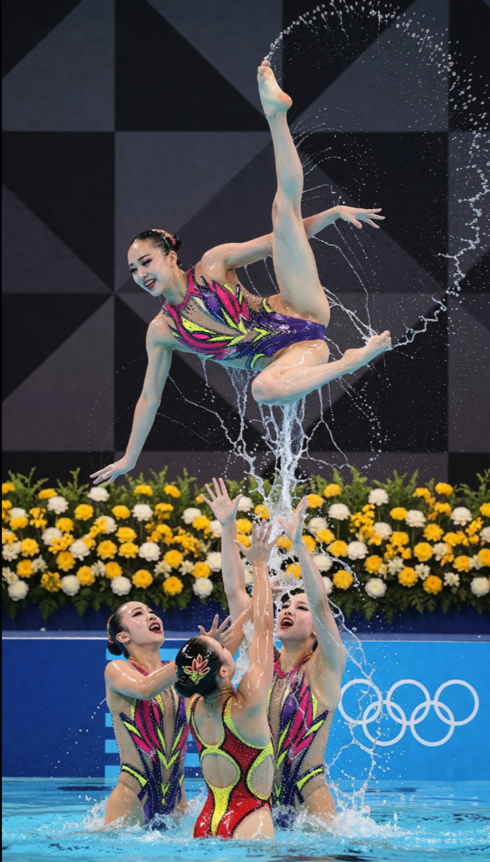Women in an artistic swimming routine at the Olympics.