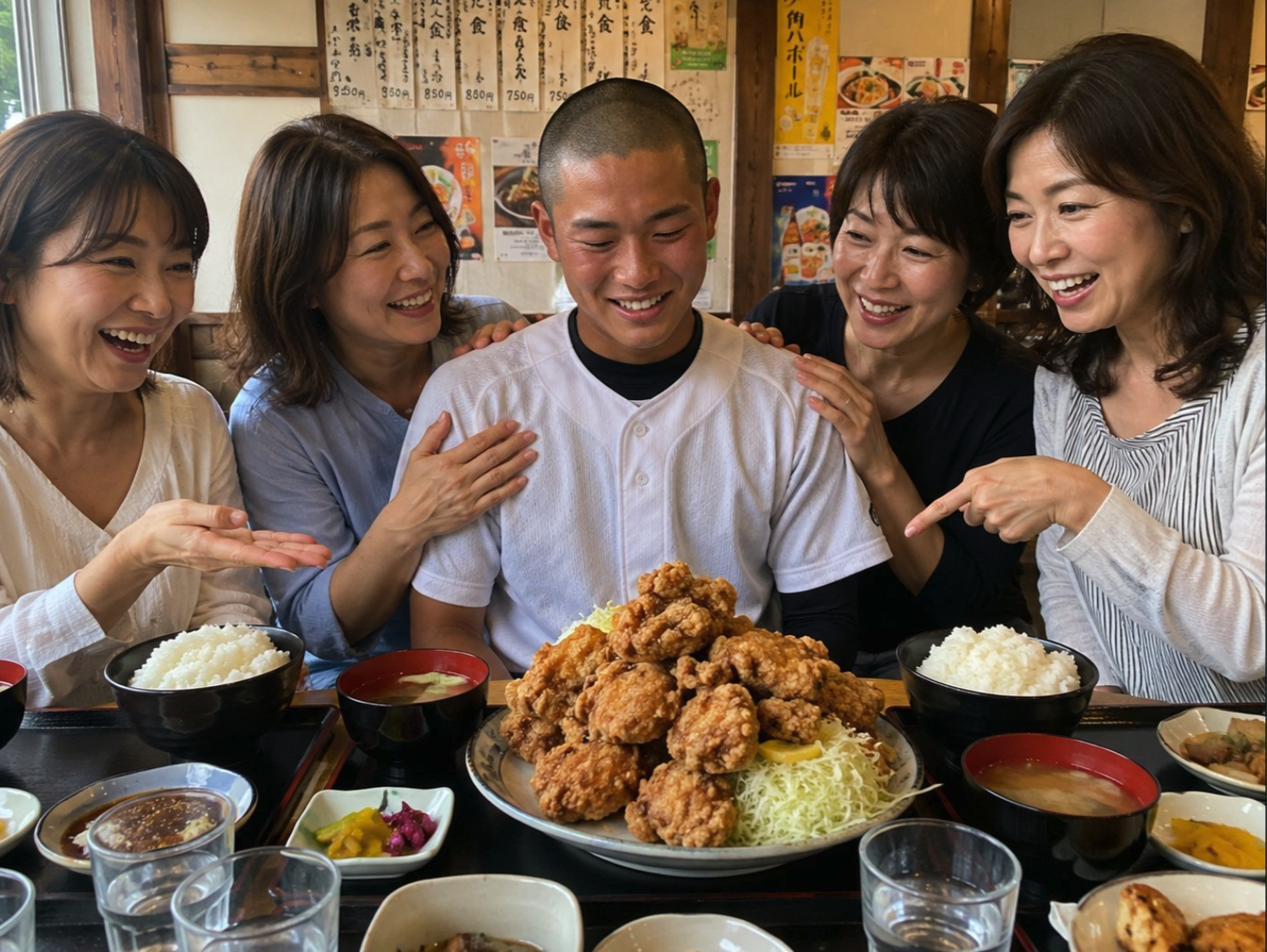 Five people gathered around a table of karaage in a Japanese restaurant.