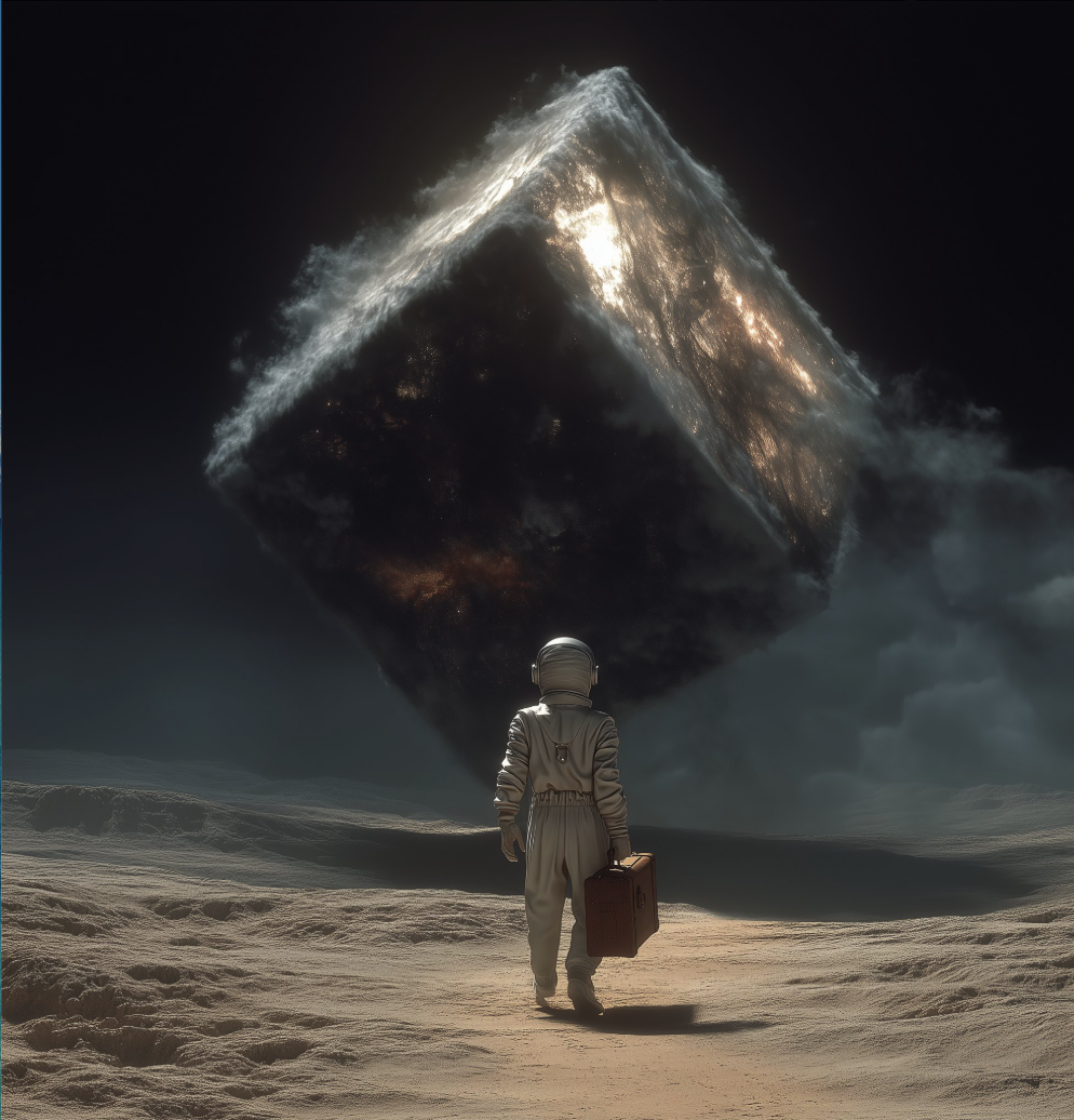 An astronaut in a white spacesuit carrying a suitcase, walking across a barren landscape toward a massive dark cube hovering in the sky.