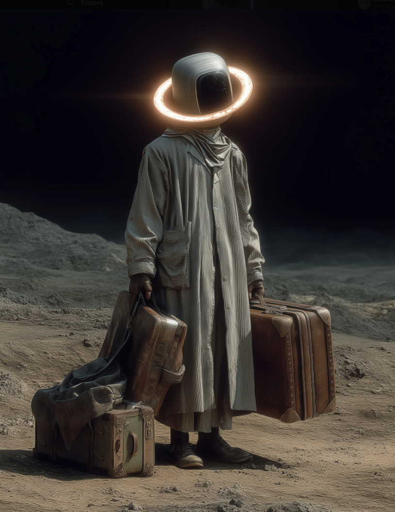 An astronaut figure in a long white robe standing beside vintage suitcases on a grey moon-like surface, with a glowing orange ring around the helmet.