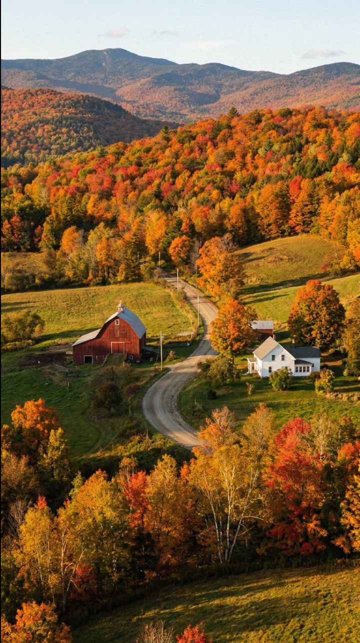 An autumn landscape with a red barn, a white farmhouse, and a winding country road surrounded by fall foliage and distant mountains.