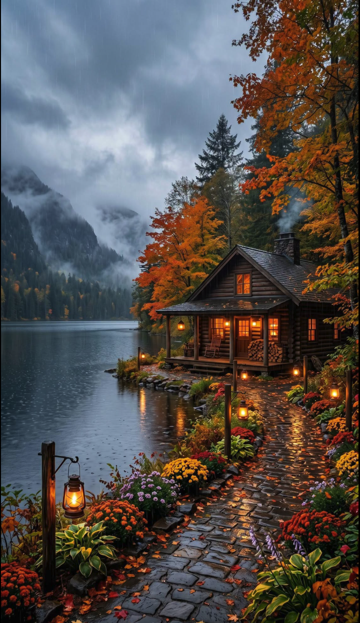 An AI-generated illustration of a wooden cabin beside a mountain lake on a rainy autumn evening, lit by lanterns and surrounded by fall foliage and flowers.