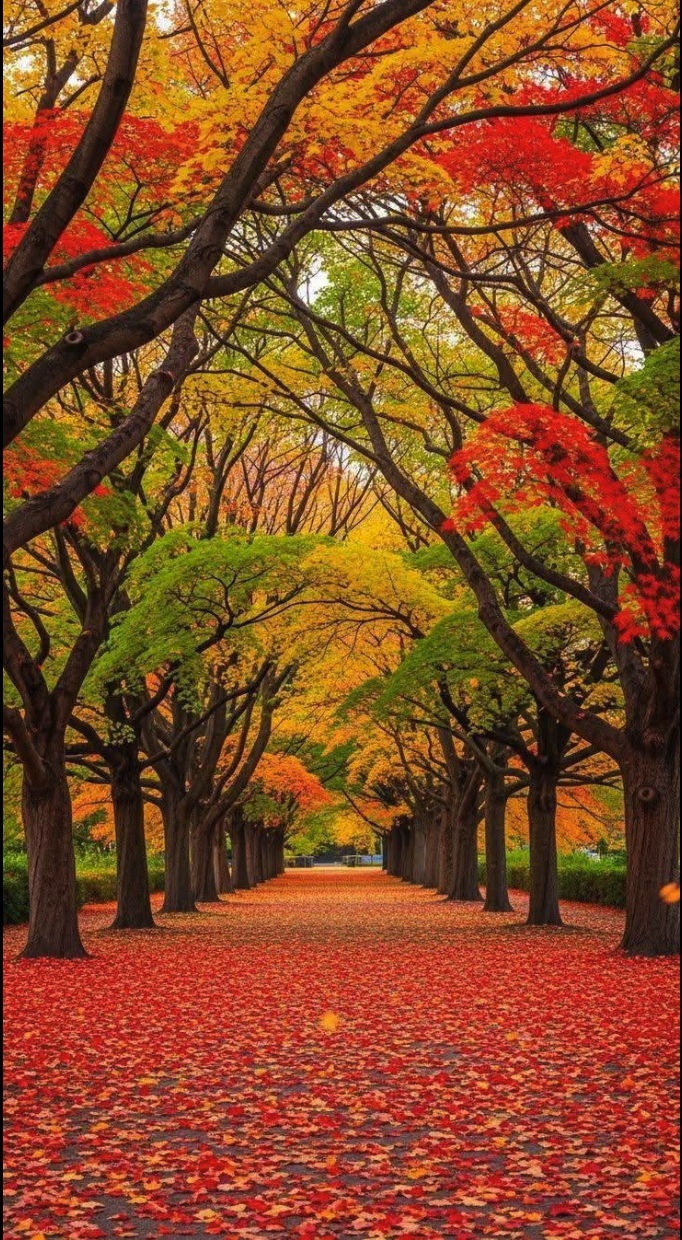 A tree-lined pathway blanketed in fallen red and orange leaves beneath a canopy of autumn foliage.