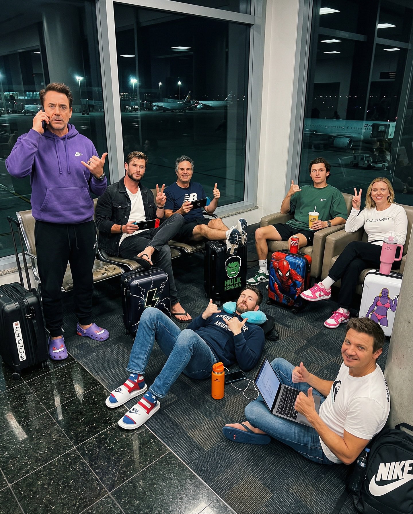 Several people resembling Robert Downey Jr., Chris Evans, Chris Hemsworth, Tom Holland, and Scarlett Johansson waiting with superhero-themed luggage in an airport terminal at night.
