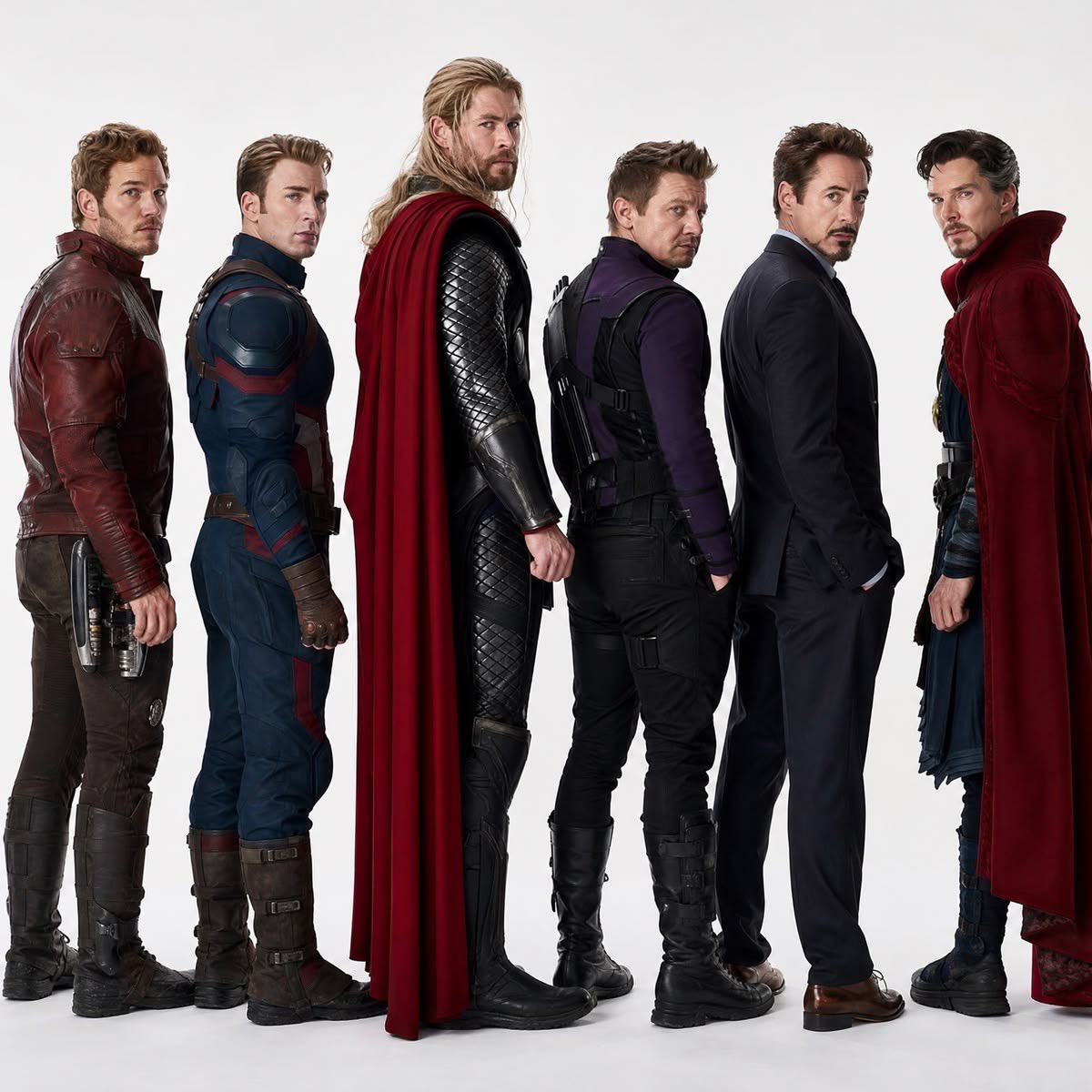 Six men resembling Robert Downey Jr., Chris Evans, Chris Hemsworth, Jeremy Renner, Chris Pratt, and Benedict Cumberbatch standing in a line in their Avengers costumes.