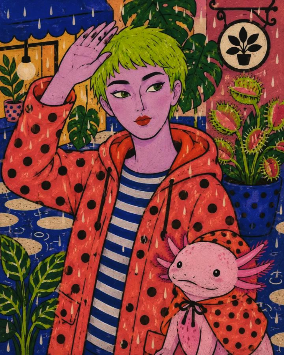 A stylized illustration of a person with short green hair and a pink axolotl, both wearing red polka-dot raincoats in a rainy plant-filled scene.