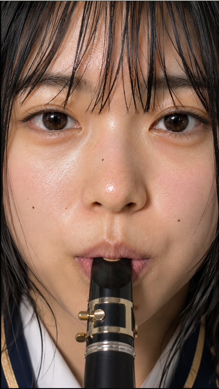 Close-up portrait of a woman playing an oboe.