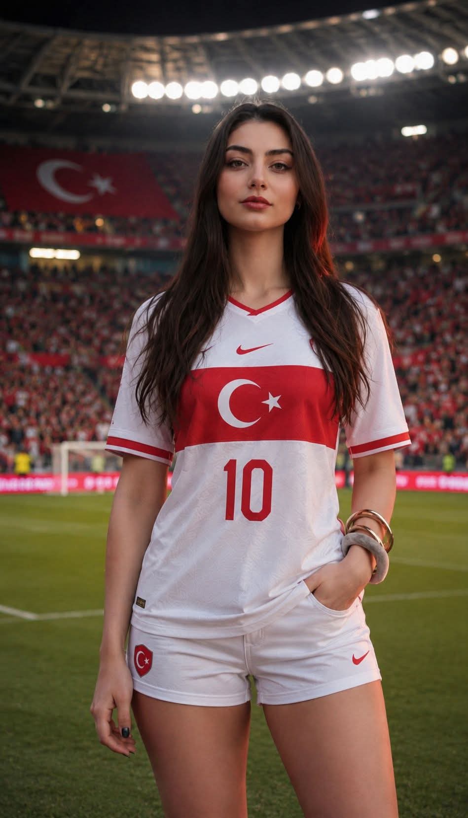 A woman resembling Ayça Ayşin Turan wearing a white Turkey national football jersey with the number 10, standing on a stadium pitch.