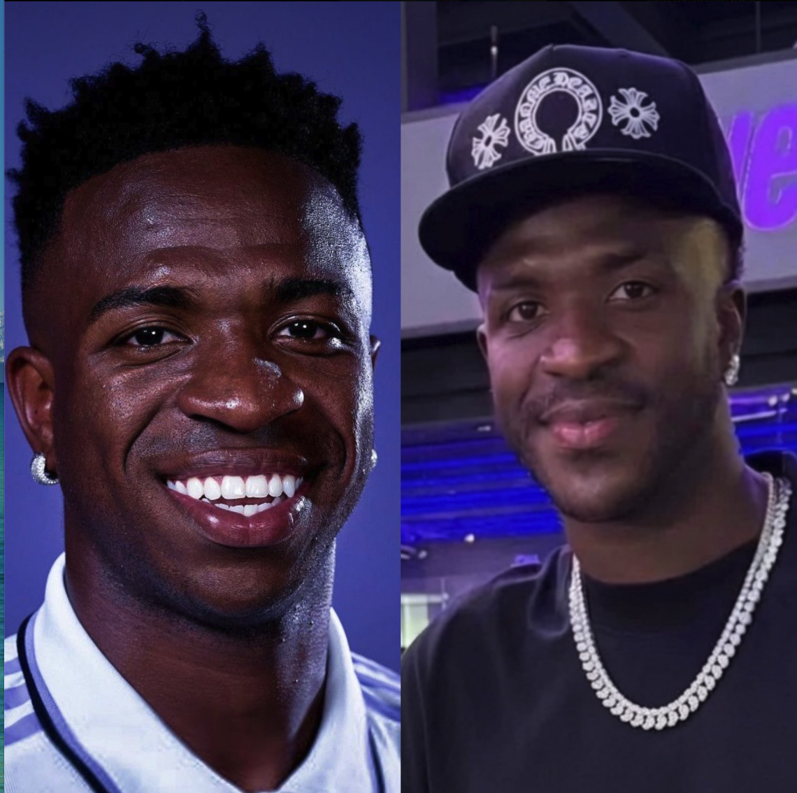 Two men in a side-by-side composition: one resembling footballer Vinícius Júnior smiling in a striped jersey, the other wearing a dark cap and silver chain.