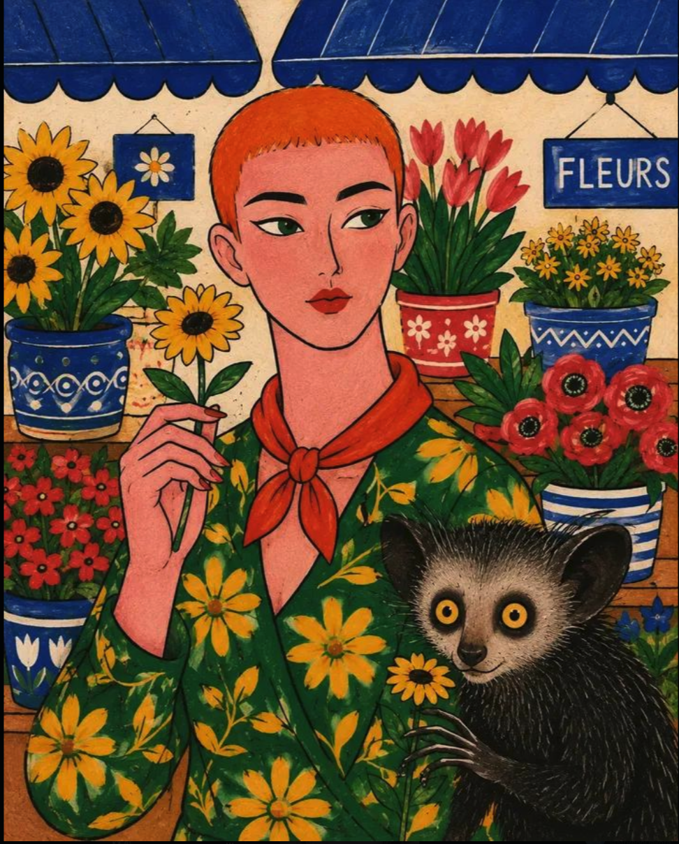 An illustration of a person holding a yellow flower beside a black lemur, with a 'FLEURS' sign.