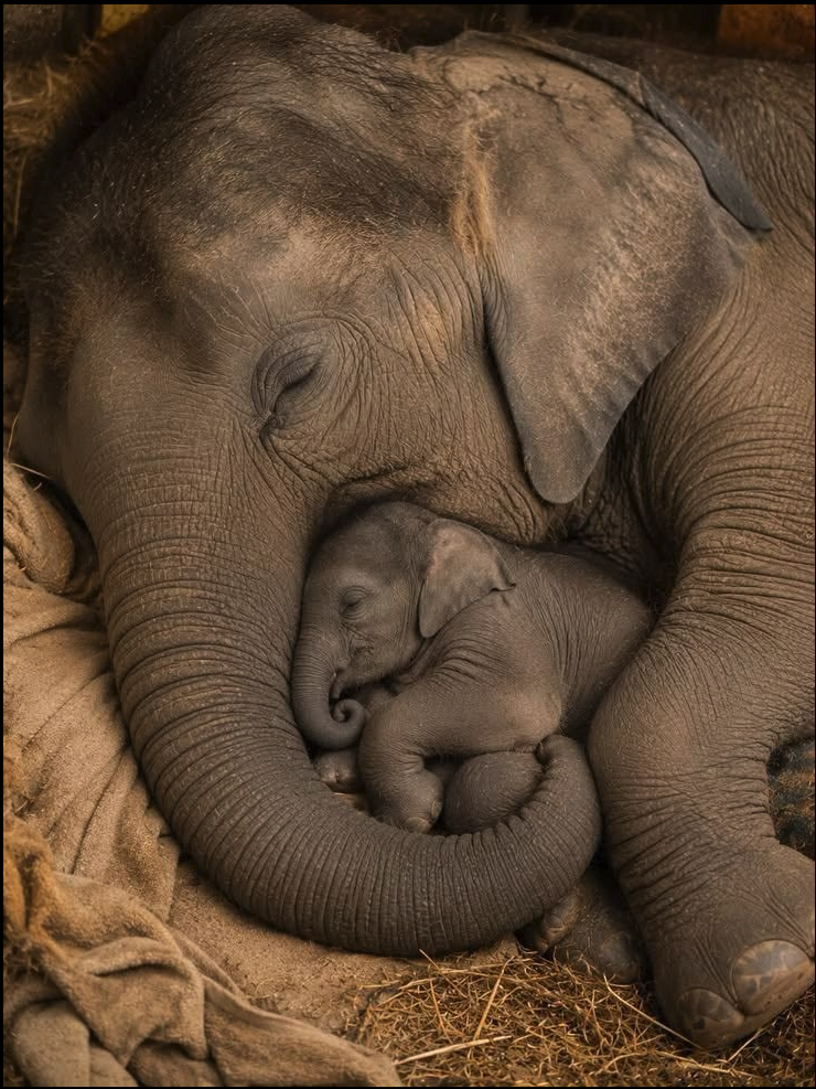 A baby elephant curled against the head and trunk of a larger adult elephant on a burlap cloth.