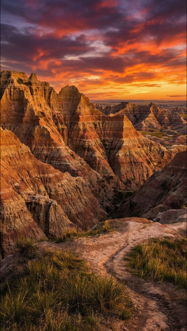 A dramatic landscape of eroded badlands rock formations under a vivid orange and pink sunset sky, with a dirt trail in the foreground.