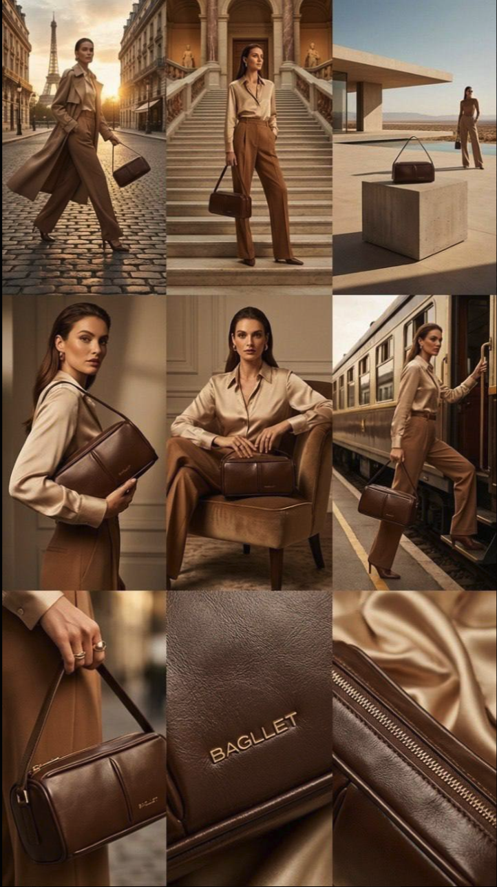 A nine-panel fashion campaign collage showing a woman in cinematic travel settings with a brown 'BAGLLET' leather bag.