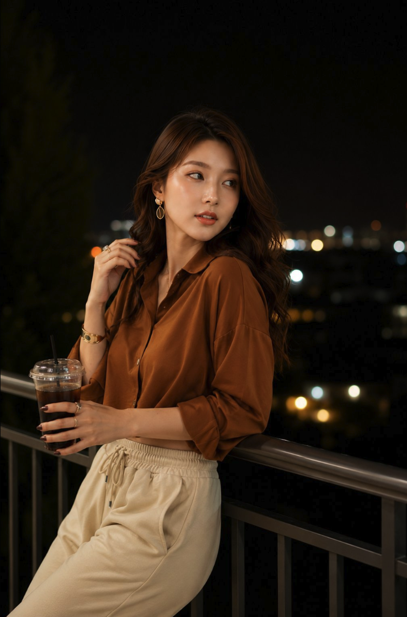 A woman holding an iced coffee on a balcony at night.