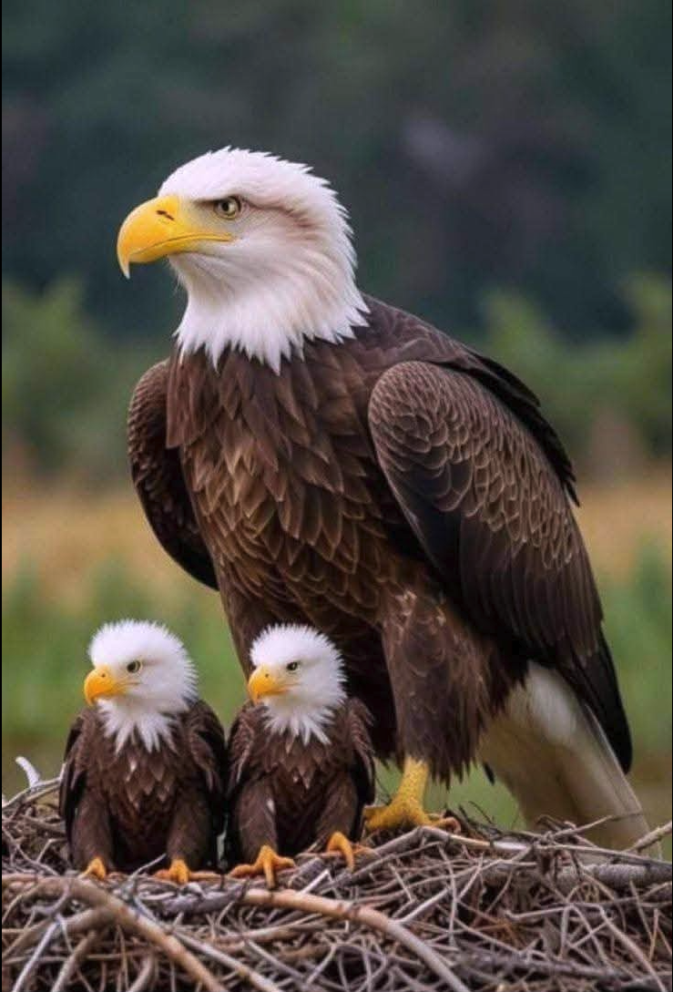 An adult bald eagle standing in a stick nest beside two chicks, against a blurred natural background.