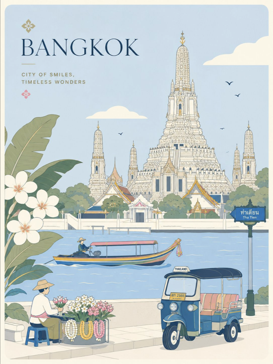 An illustrated travel poster of Bangkok showing Wat Arun temple, a longtail boat, and a tuk-tuk on the street.