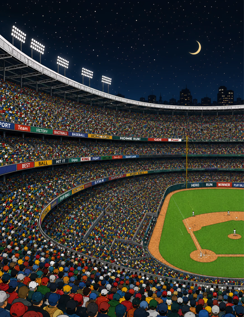 An illustrated baseball stadium packed with spectators under floodlights, with a crescent moon in the night sky overhead.