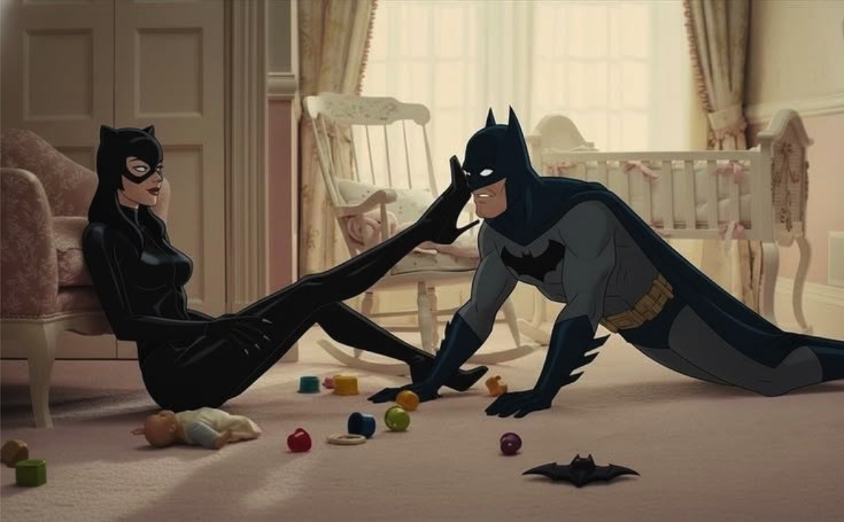 An animated-style scene showing Batman and Catwoman seated together on the floor of a nursery surrounded by baby toys, with a crib and rocking chair behind them.