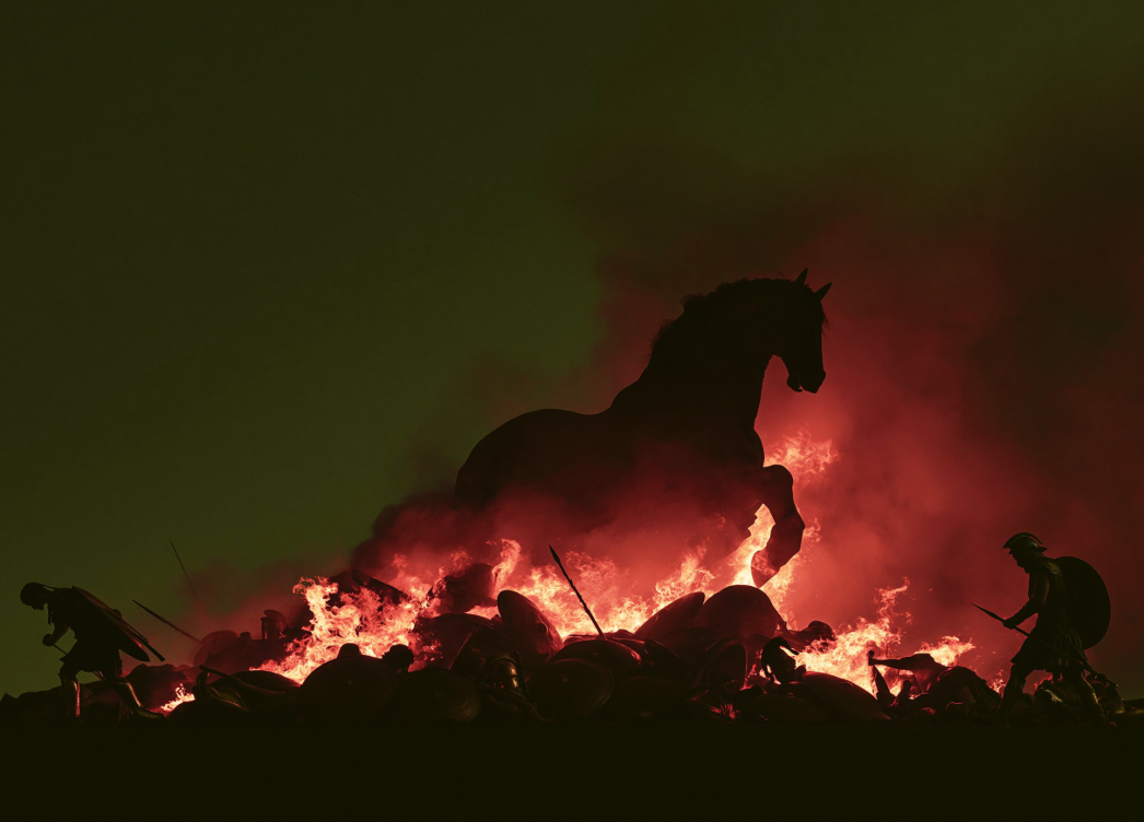 A silhouetted rearing horse rises above scattered shields and warriors, lit from below by red flames.