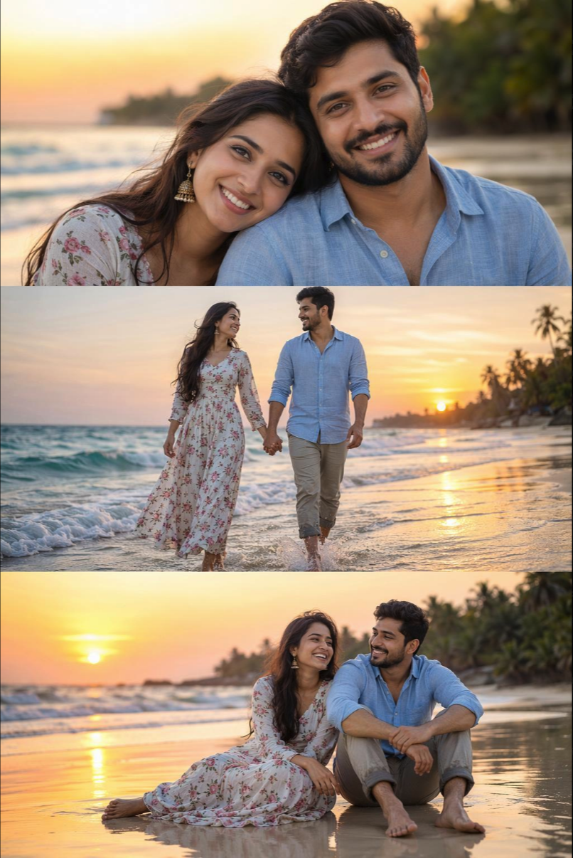 A three-panel image showing a young man and woman at a tropical beach during sunset, posing close-up, walking together, and sitting on the sand.