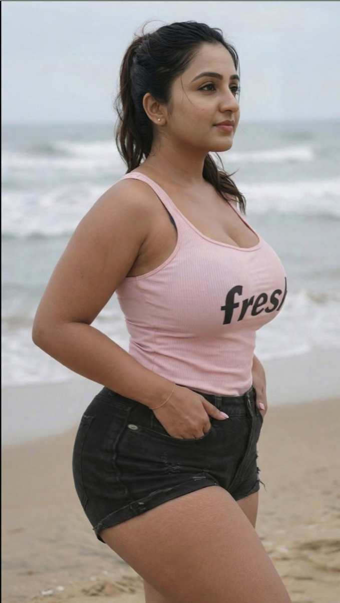 A woman standing on a beach wearing a pink tank top and denim shorts.