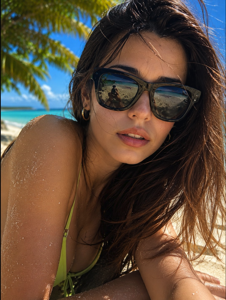 An AI-generated image of a woman with long dark hair and sunglasses wearing a bikini, posing on a tropical beach with palm trees and turquoise water.