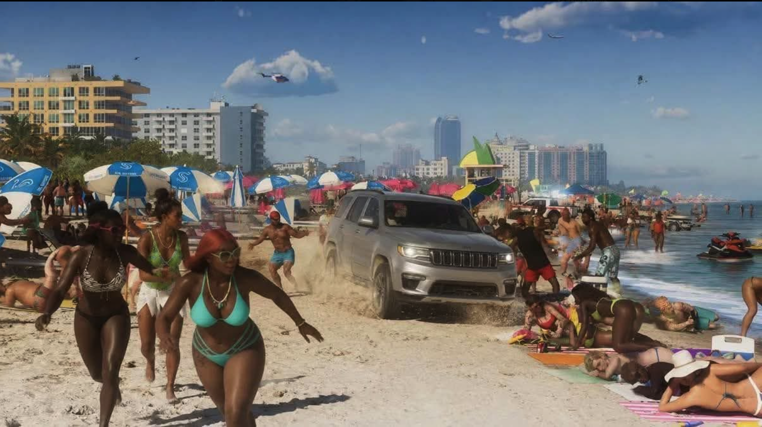 A crowded sandy beach with people in swimwear, an SUV driving across the sand, a helicopter overhead, and a coastal city skyline in the background.