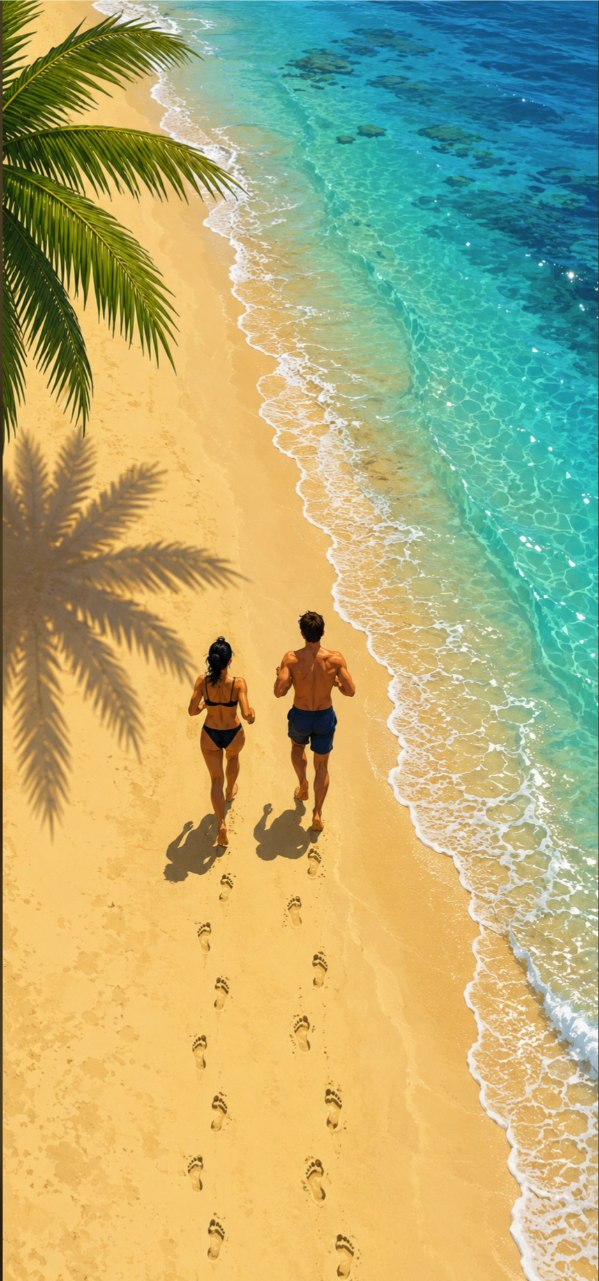 Two people in swimwear walking along a tropical beach shoreline, viewed from above.