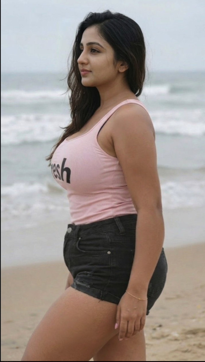 A woman in a pink tank top and denim shorts standing on a sandy beach with ocean waves behind her.