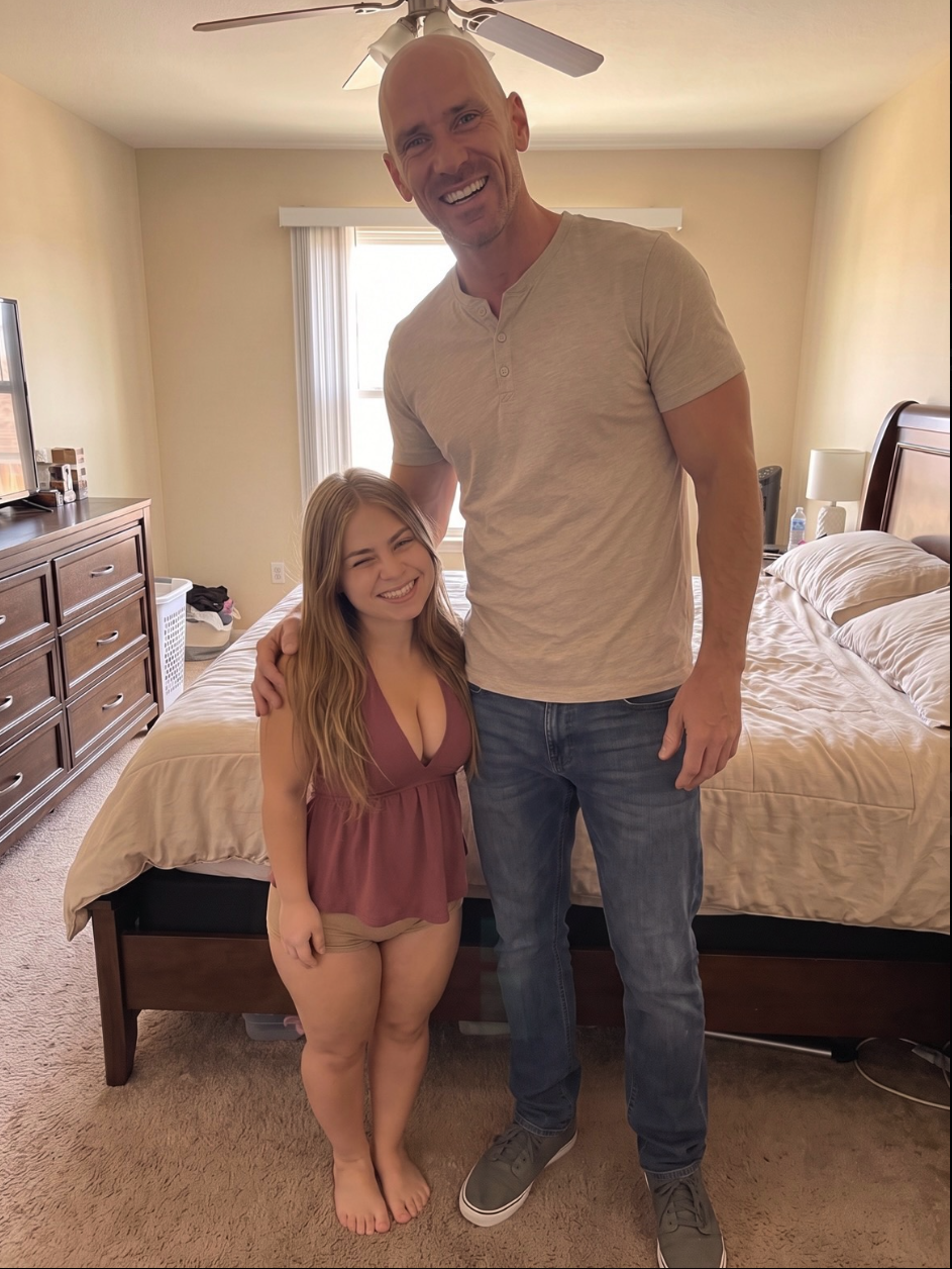 A tall man and a young-looking woman smiling together in a bedroom.