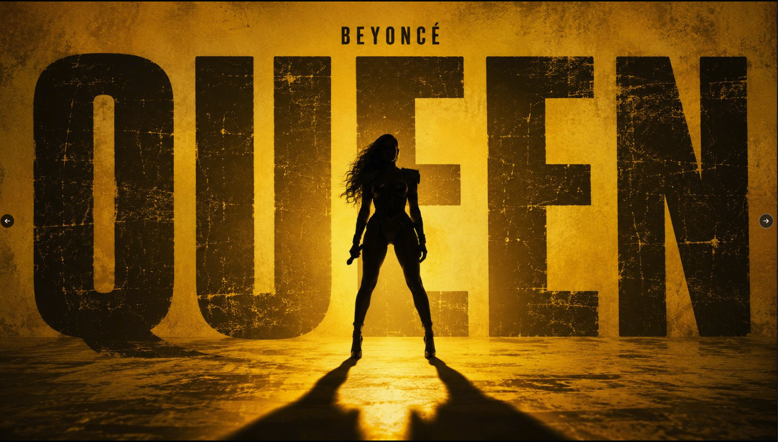 Silhouette of a woman resembling Beyoncé standing in front of large 'QUEEN' text on a golden backdrop.