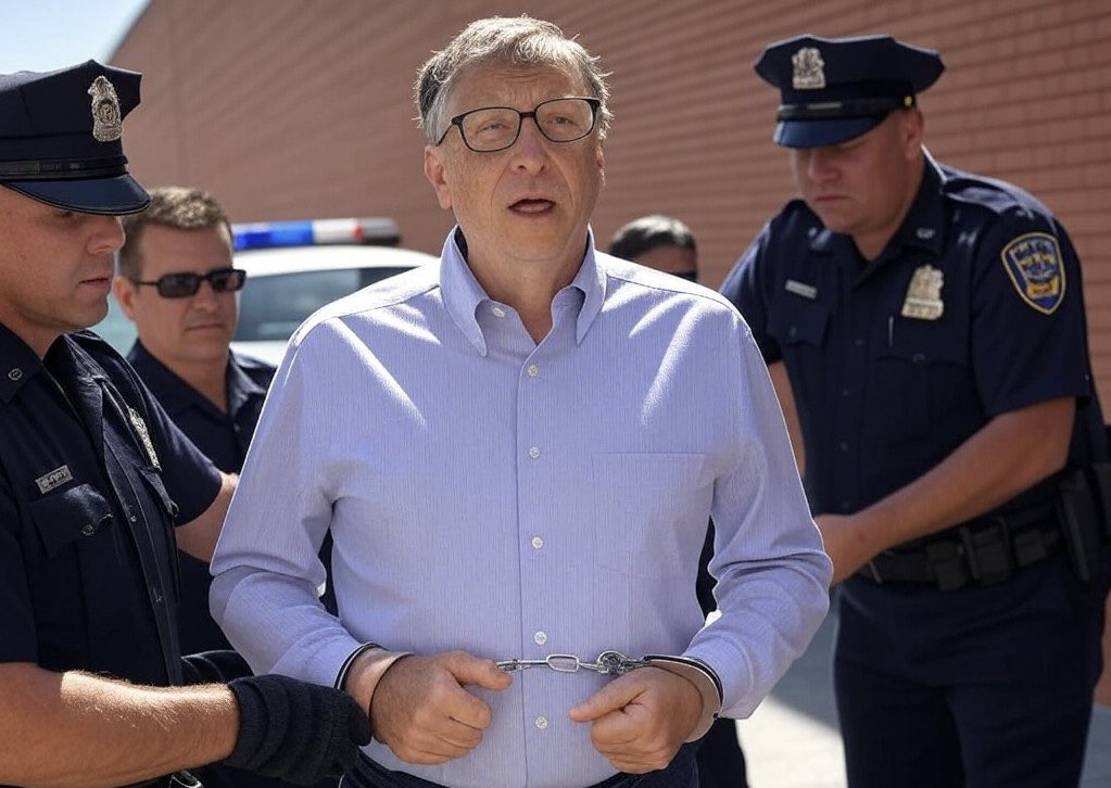 A man resembling Bill Gates in handcuffs being escorted by police officers outdoors.