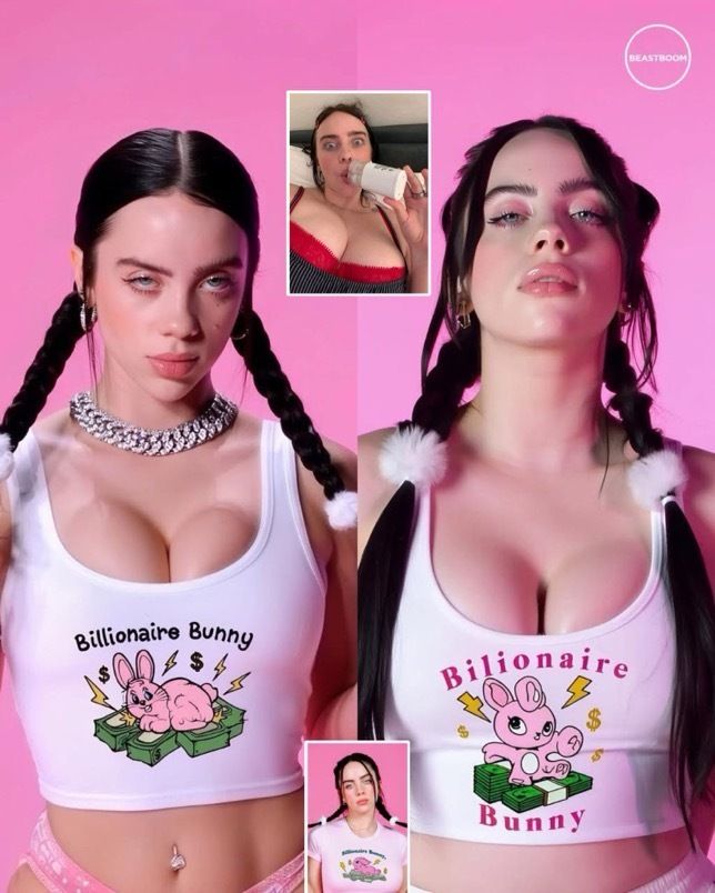 Two views of a woman resembling Billie Eilish wearing a 'Billionaire Bunny' tank top with braided pigtails against a pink background.