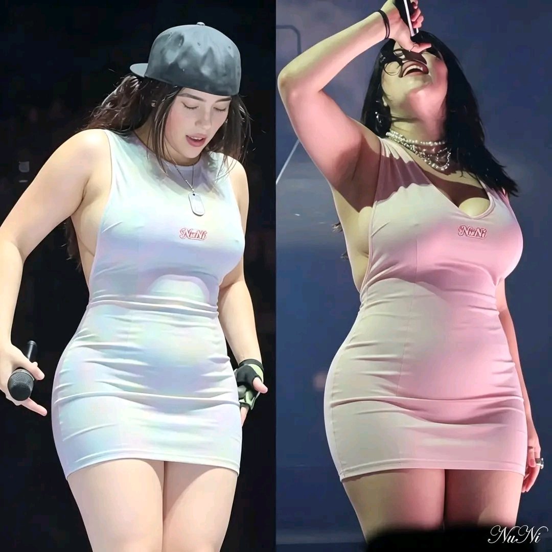 A woman resembling Billie Eilish on stage in a tight white tank dress with a small NuNi logo, shown in two poses.