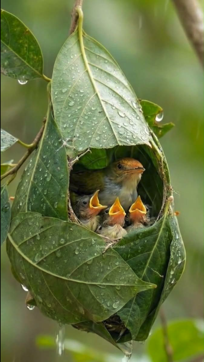 A small bird with several open-beaked chicks nestled inside a folded green leaf, with water droplets on the leaves.