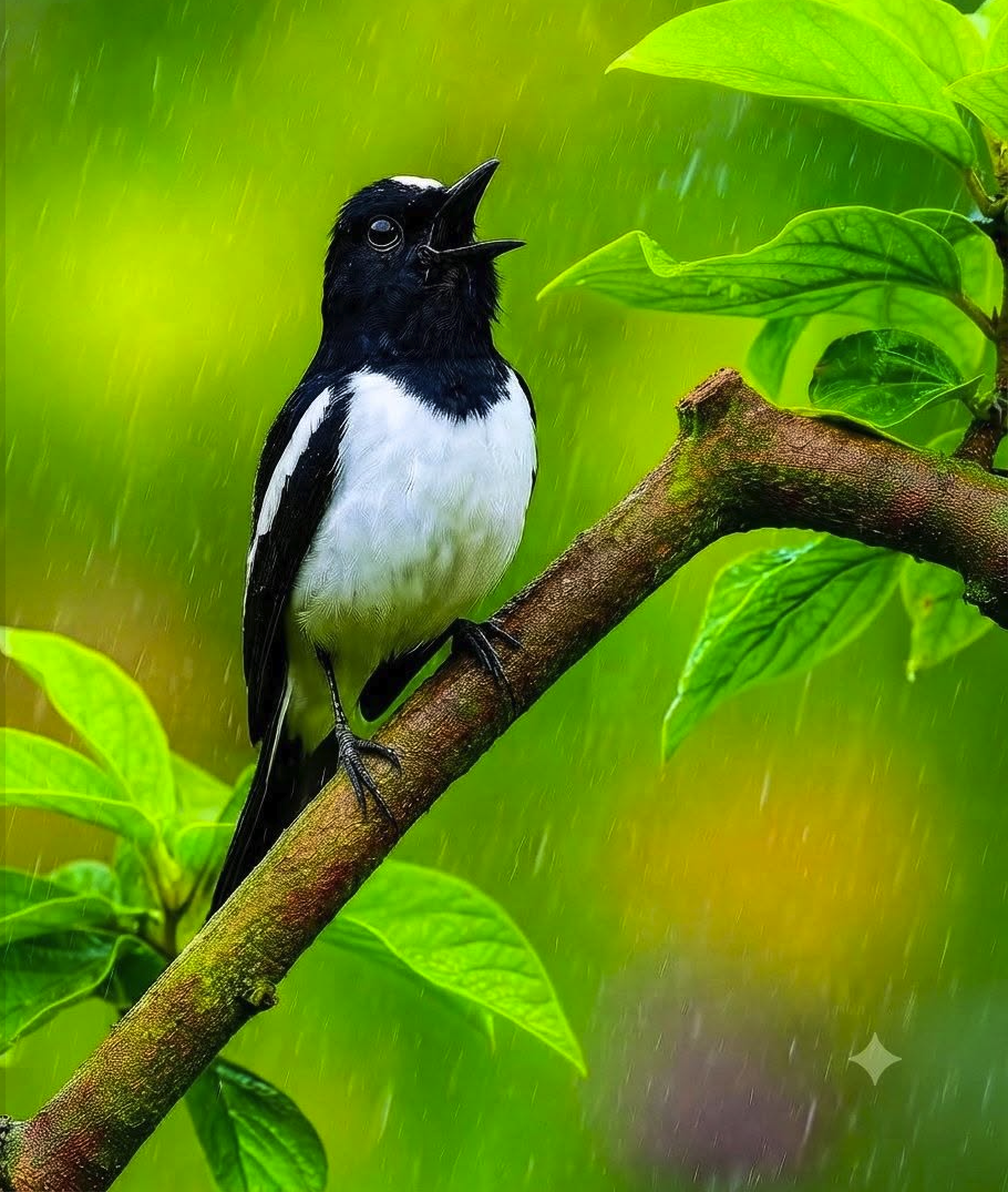A black and white bird with its beak open, perched on a branch amid green leaves and falling rain.