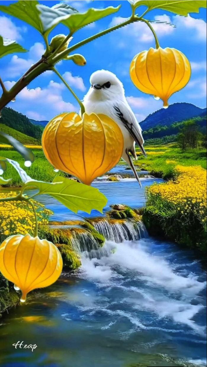 A white bird perched on a yellow Chinese lantern-shaped fruit above a mountain stream with green hills and yellow flowers.