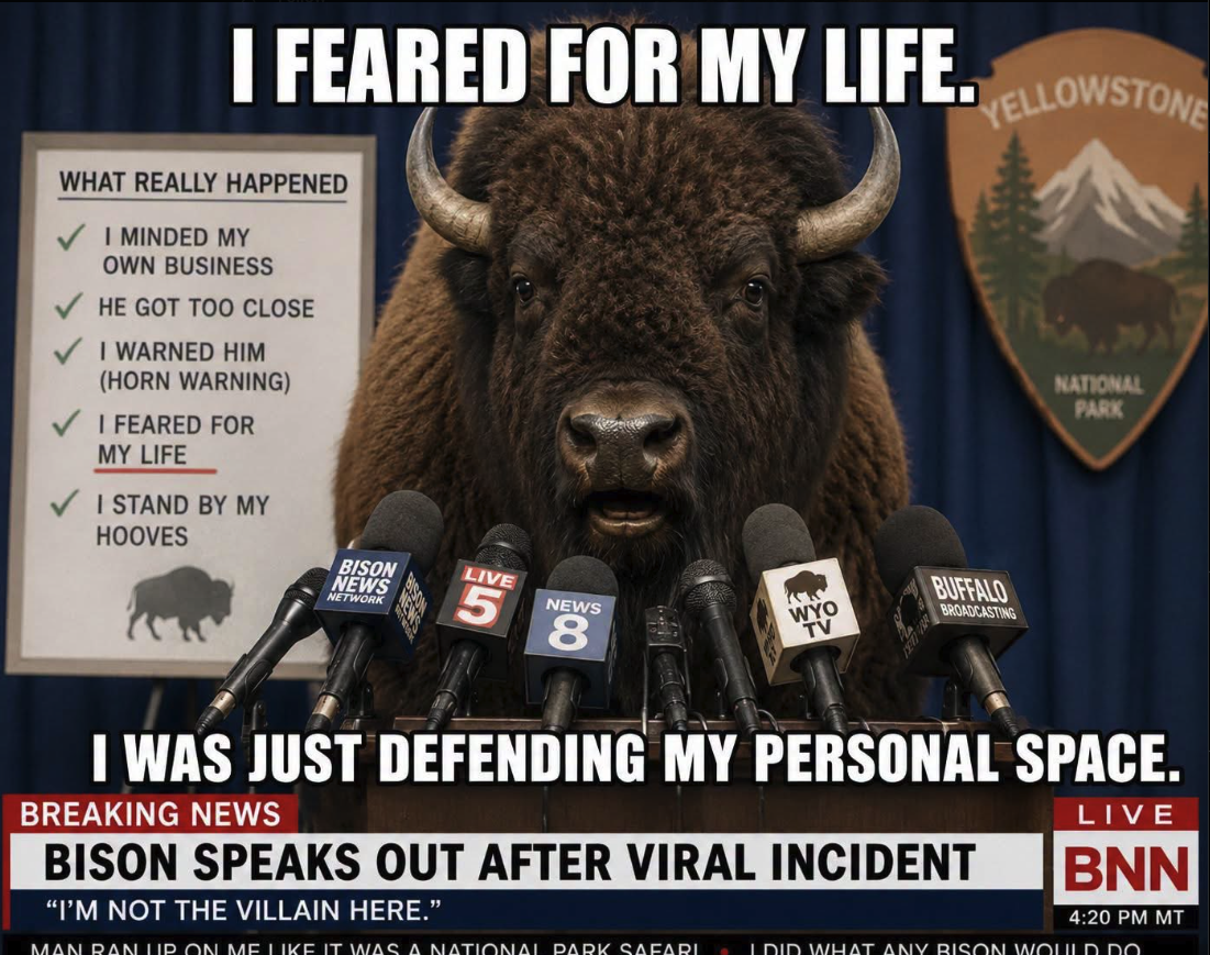 An AI-generated bison at a press conference podium with news microphones and on-screen text about a viral incident.