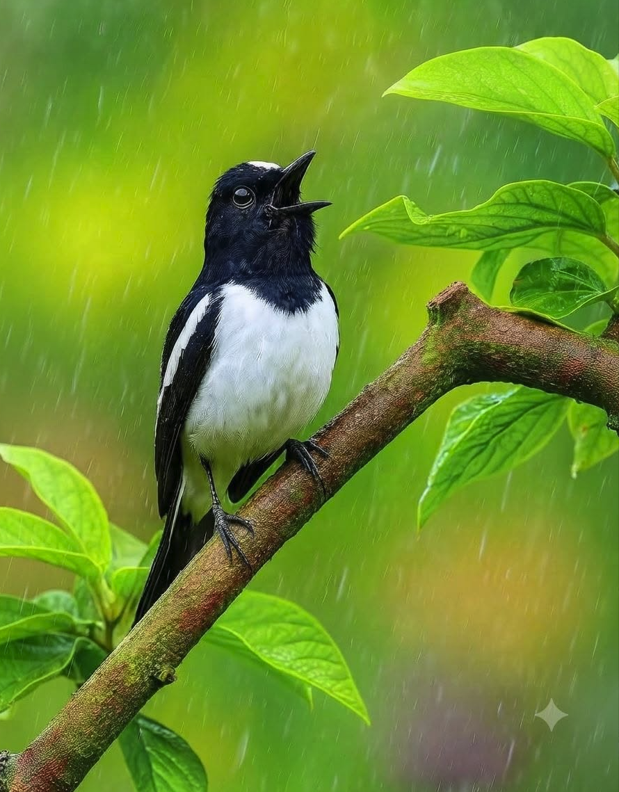 A black and white bird perched on a branch with its beak open, surrounded by green leaves in the rain.