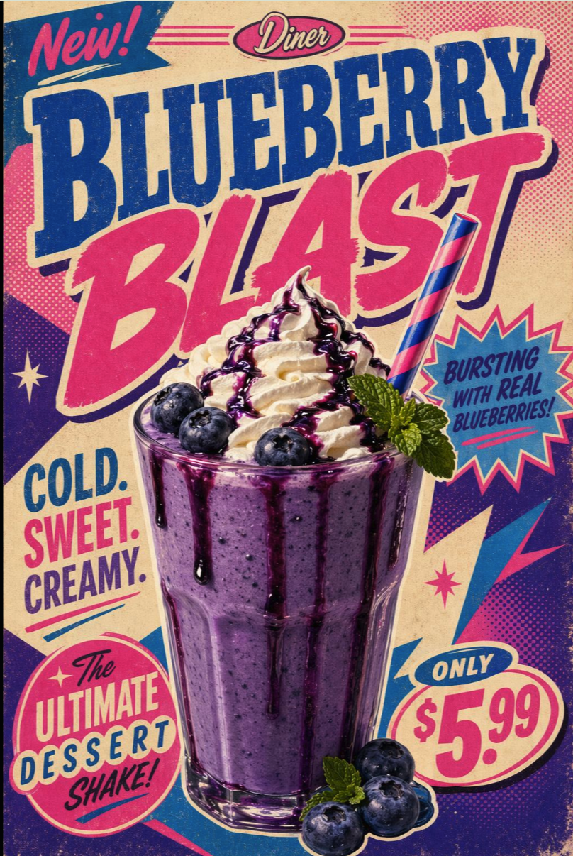 A retro-style advertisement poster for a 'Diner' blueberry shake topped with whipped cream, blueberry drizzle, and fresh blueberries.