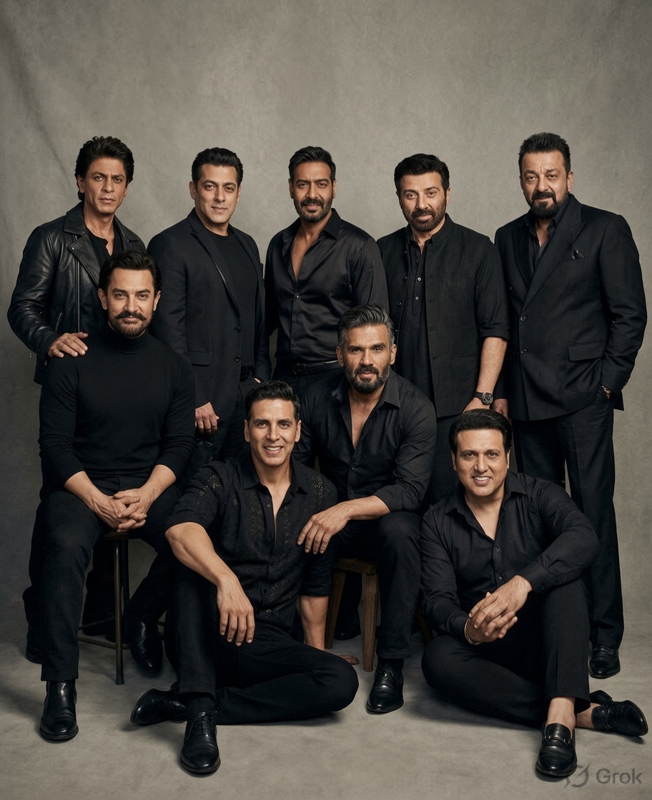 Nine men resembling Bollywood stars including Shahrukh Khan, Salman Khan, and Aamir Khan posed together in dark clothing against a neutral studio background.