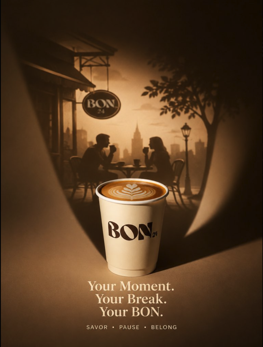 A sepia-toned coffee cup branded BON 24 in the foreground, with latte art visible, set against silhouettes of two people at a cafe table and a city skyline.