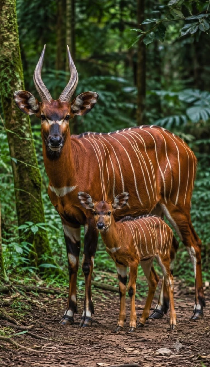 An adult bongo antelope with spiral horns standing alongside a young calf on a forest floor.