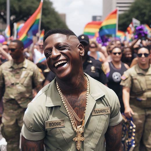 A man resembling Boosie Badazz in a military-style uniform with gold chains laughing at an outdoor Pride parade.