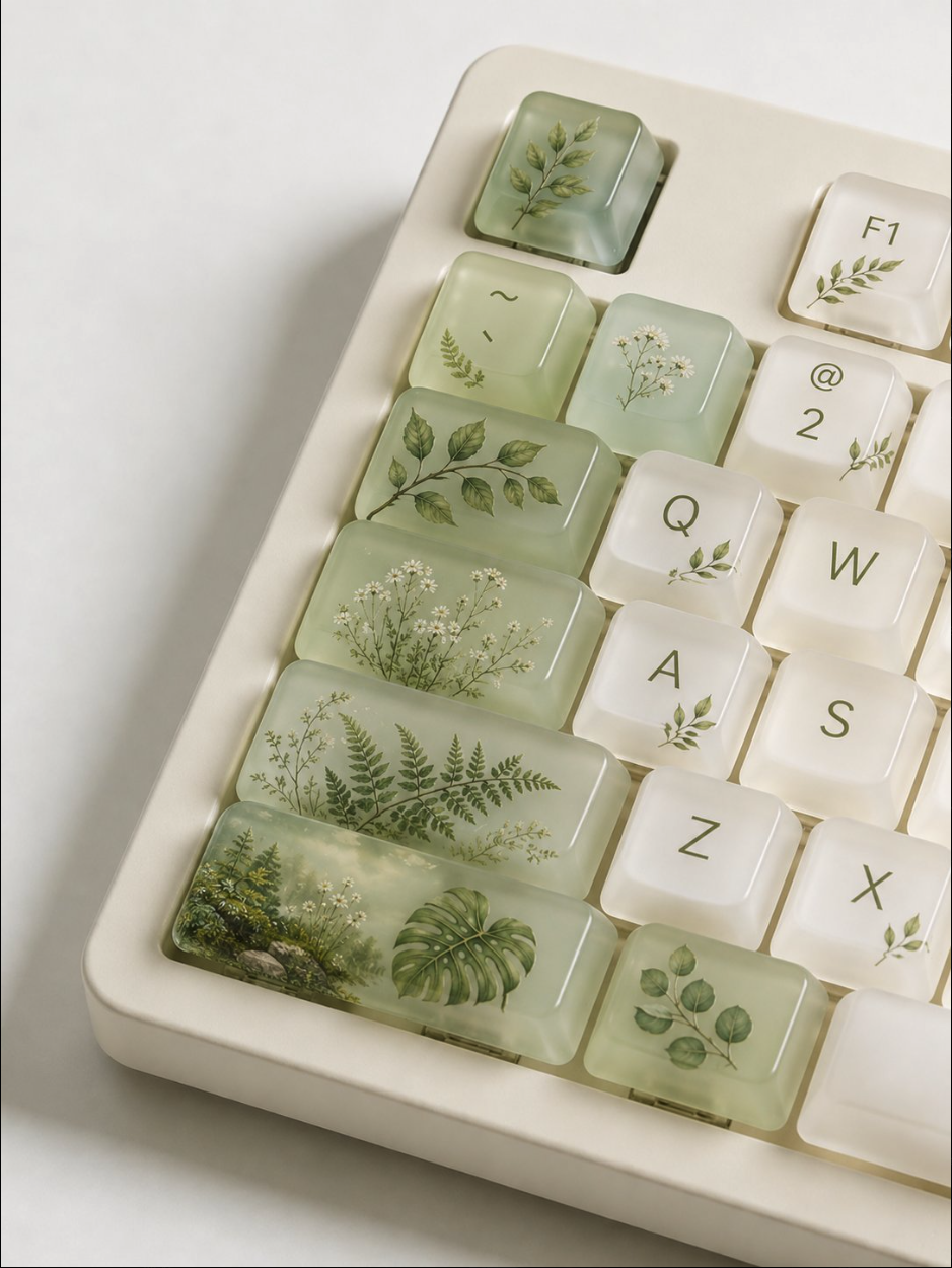 A close-up of a cream-colored keyboard featuring translucent green keycaps decorated with ferns, leaves, daisies, and a monstera motif.