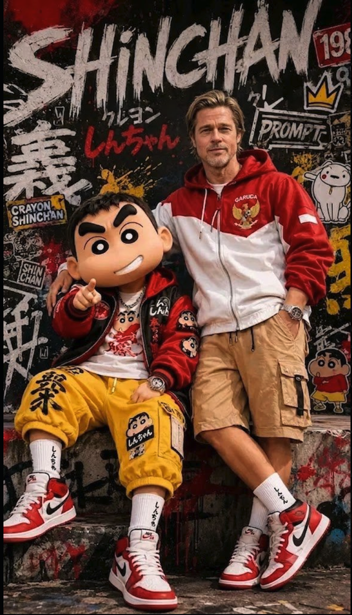 A man resembling Brad Pitt and a Crayon Shin-chan mascot seated together in matching red, white, and yellow streetwear.