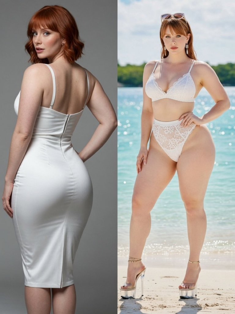Two images of a woman resembling Bryce Dallas Howard, in a fitted white dress and in white lace lingerie.