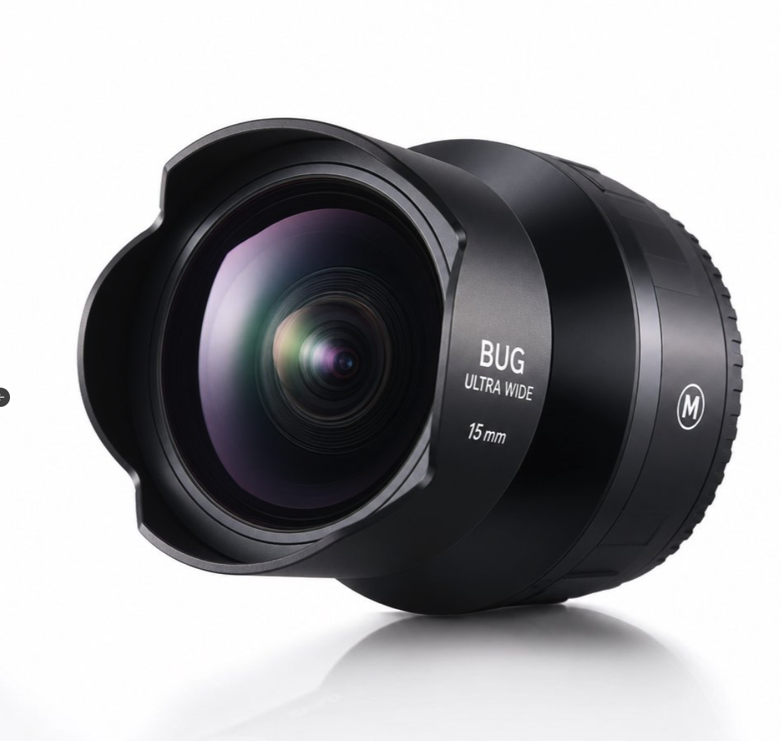 A black camera lens labeled 'BUG ULTRA WIDE 15mm' with an 'M' logo, shown against a white background.