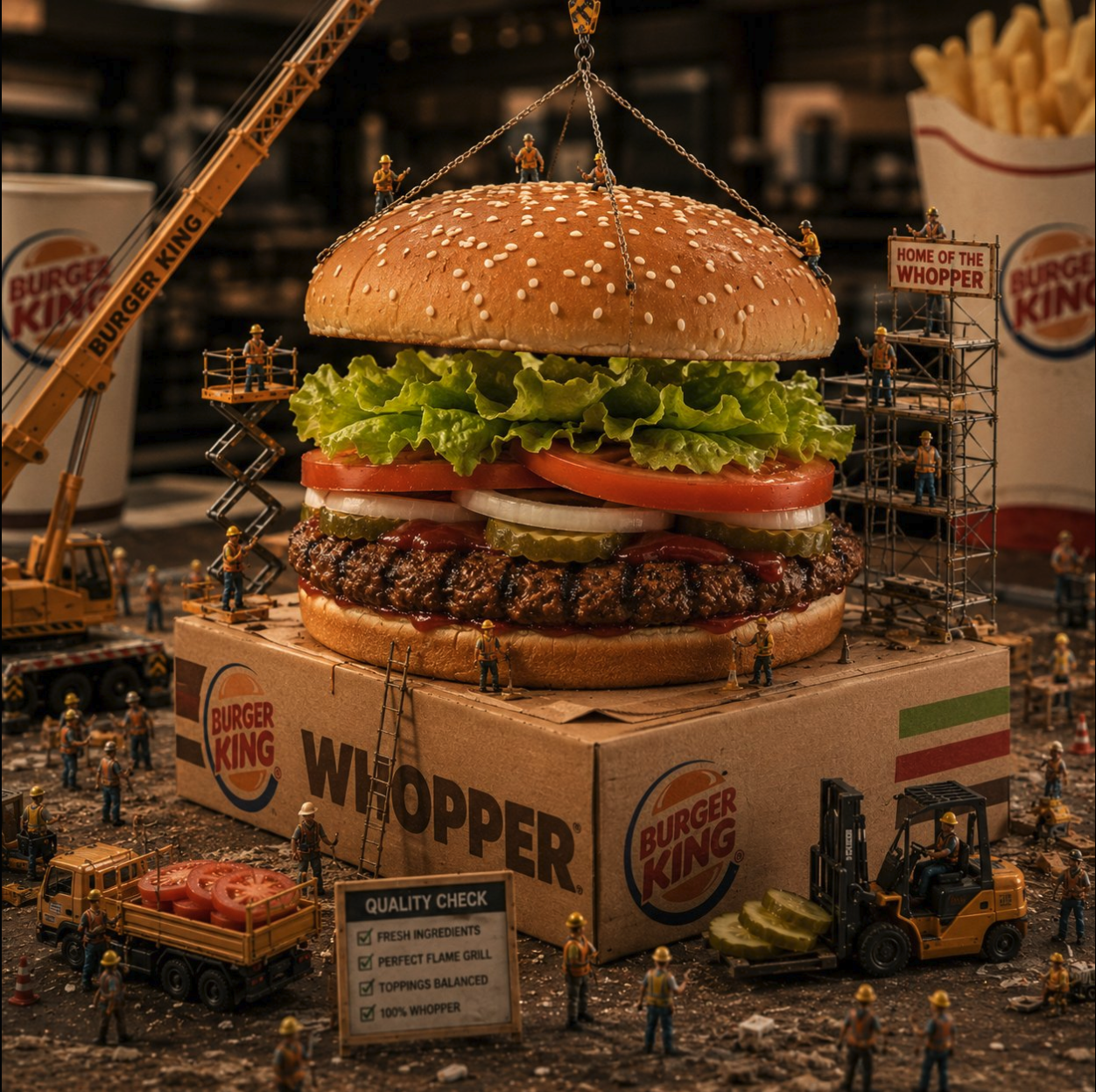 A giant Whopper burger surrounded by miniature construction workers, scaffolding, and Burger King branded equipment.