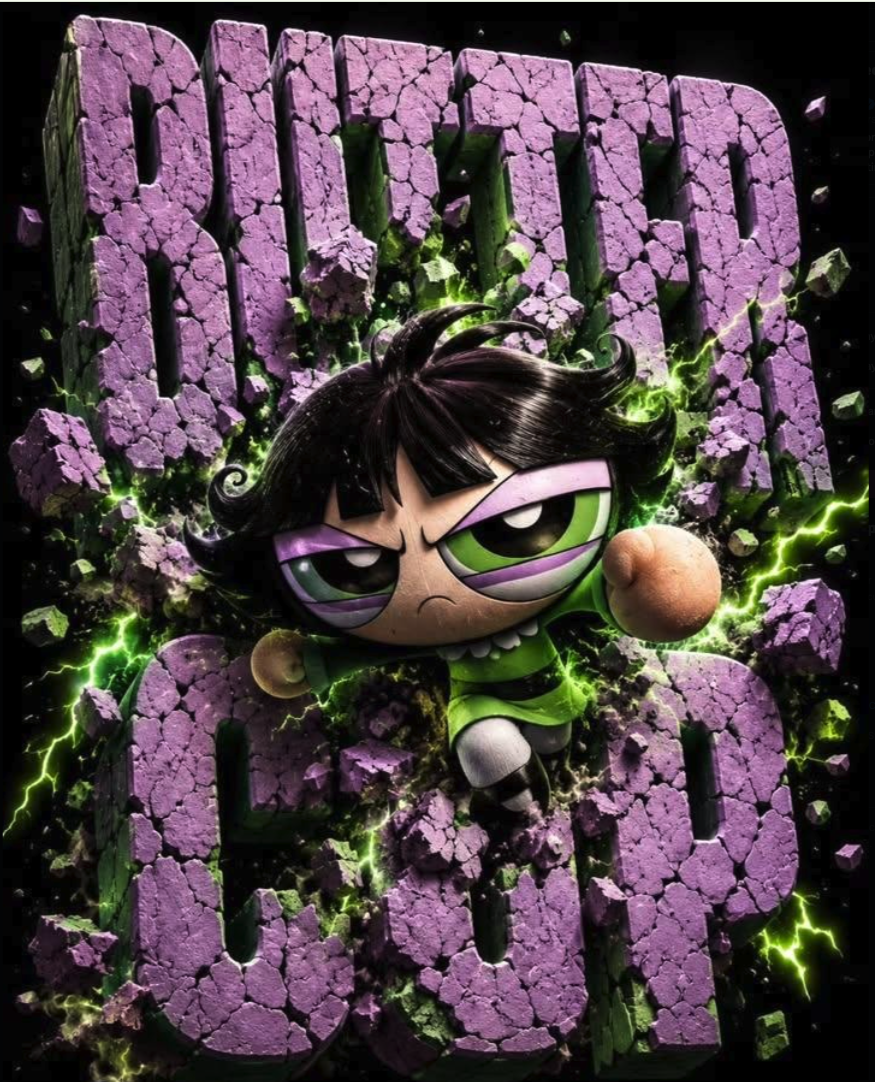 Cartoon character resembling Buttercup bursting through cracked purple 3D letters spelling 'BUTTERCUP' amid green lightning.